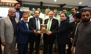 Federal Minister for Planning, Development and Special Initiatives Prof. Ahsan Iqbal addressing a ceremony titled Marka-e-Haq and 78 years of Independence Day celebrations at the Federation of Pakistan Chambers of Commerce and Industry (FPCCI).