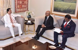 Chairman Senate, Syed Yusuf Raza Gillani in a meeting with Rear Admiral (Rtd.) Fred Senevirathne, High Commissioner of Sri Lanka to Pakistan, at his residence in federal capital.