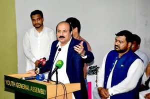 Chairman Prime Minister Youth Program Rana Mashhood Ahmed addressing the Quaid-e-Azam Gold Medal Award Ceremony at Gaddafi Stadium