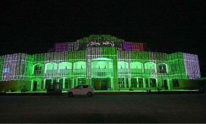 A view of Sargodha Arts Council building being decorated with colourful lights to mark the national celebrations, fostering a sense of shared pride and unity under the theme of ‘Maarka-e-Haq’ (Struggle for Right) for Pakistan’s Independence Day