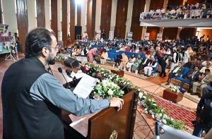 Federal Minister for Overseas Pakistanis and Human Resource Development, Chaudhry Salik Hussain addressing Marka-e-Haq & 78th Independence Day Celebration organized by Workers Welfare Fund at National Library Auditorium
