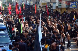 A large number of mourners participate in the Chehlum procession to commemorate the martyrdom of Hazrat Imam Hussain (AS), the grandson of the Holy Prophet (SAWW), in Karbala.