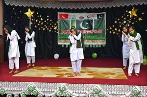 Students are Khabeeb Girls School and College are participating in national song and speech competitions at a ceremony held to mark Independence Day.