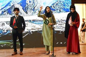 Students perform a tableau on a national song during the Marka-e-Haq and 78th Independence Day celebrations organized by the Workers Welfare Fund at the National Library Auditorium