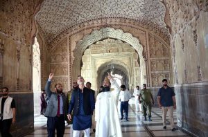 U.S. Consul General Stetson Sanders is warmly welcomed by Khateeb Badshahi Mosque, Syed Muhammad Abdul Khabeer Azad, during his visit to the historic 17th-century Badshahi Mosque.
