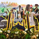 Students singing a national song during the Marka-e-Haq and 78th Independence Day celebrations organized by the Workers Welfare Fund at the National Library Auditorium