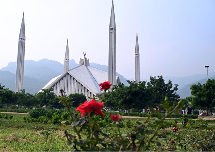 A beautiful view of Faisal Mosque with blooming roses in the foreground after rainfall in the federal capital