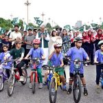 Participants taking part in Azadi Cycling Championship organized by the Directorate of Municipal Administration and Sports Directorate CDA at D-Chowk in the Federal Capital