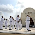 Pakistani Naval Band performing the national anthem at the mausoleum of the country's founding father, Muhammad Ali Jinnah, during the 78th Independence Day celebrations