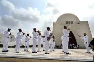 Pakistani Naval Band performing the national anthem at the mausoleum of the country's founding father, Muhammad Ali Jinnah, during the 78th Independence Day celebrations