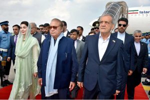 Iranian President Dr Masoud Pezeshkian arrives in Lahore Pakistan. Punjab Chief Minister, Maryam Nawaz and PML-N President, Mian Nawaz Sharif receive the Iranian President at Lahore Airport