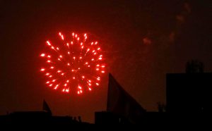 An attractive view of fireworks at midnight to celebrate the 78th Independence Day of Pakistan in the city