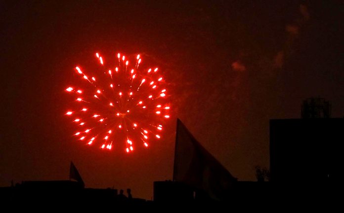 An attractive view of fireworks at midnight to celebrate the 78th Independence Day of Pakistan in the city
