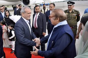 Iranian President Dr Masoud Pezeshkian arrives in Lahore Pakistan. Punjab Chief Minister, Maryam Nawaz and PML-N President, Mian Nawaz Sharif receive the Iranian President at Lahore Airport