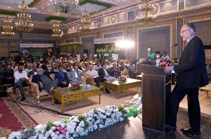 Federal Minister for Planning Development & Special initiatives Professor Ahsan Iqbal addressing a Reception ceremony on receiving Nishan-e-Imtiaz organised by IEP (Institution of Engineers Pakistan) at Johar Town 