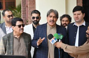 Chairman Senate Housing Committee, Senator Nasir Butt, chairs a meeting regarding illegal occupants of government-owned property at various locations, accompanied by Senators Pervaiz Rashid and Niaz Khan at Chamba House.