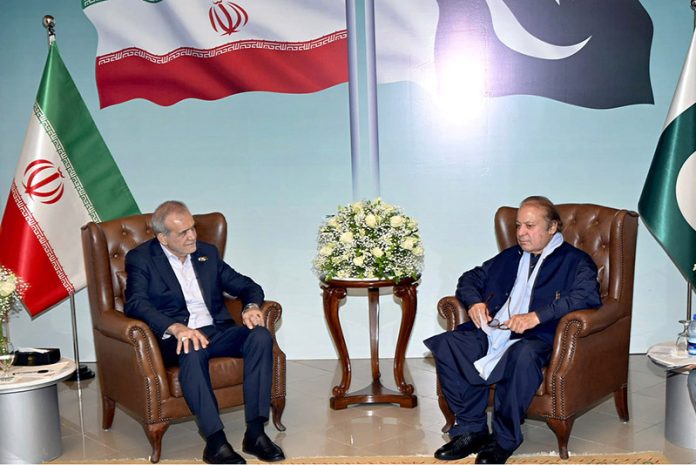 Iranian President Dr Masoud Pezeshkian meeting with PML-N President Mian Nawaz Sharif at Lahore Airport