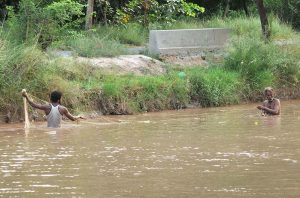Fishermen cast nets to catch fish in a canal, keeping small-scale fishing alive that sustains rural communities.