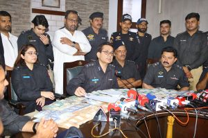 SSP Adeel Hussain Chandio address press conference at police headquarter.