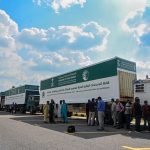 A view of Saudi aid containers during the handing-over ceremony of flood relief assistance to PDMA for flood-affected people of Khyber Pakhtunkhwa by King Salman Humanitarian Aid and Relief Centre at the Sports Complex, Islamabad