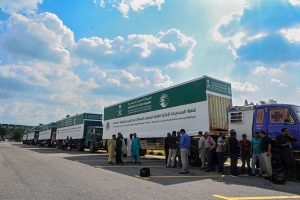A view of Saudi aid containers during the handing-over ceremony of flood relief assistance to PDMA for flood-affected people of Khyber Pakhtunkhwa by King Salman Humanitarian Aid and Relief Centre at the Sports Complex, Islamabad
