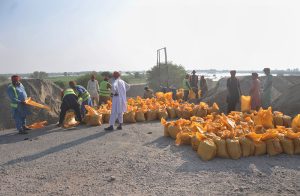 Workers prepare sandbags to strengthen a spur embankment near Head Muhammad Wala as part of flood prevention measures and divert floodwaters to protect city residents and farmlands.