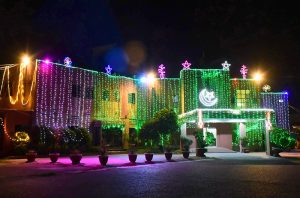 An illuminated view of the Mayor Office building, decorated with colorful lights in connection of coming Jashan-e-Mark-e-Haq and Youm-e-Azadi, marking the 78th Independence Day.