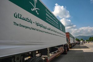 A view of Saudi aid containers during the handing-over ceremony of flood relief assistance to PDMA for flood-affected people of Khyber Pakhtunkhwa by King Salman Humanitarian Aid and Relief Centre at the Sports Complex, Islamabad