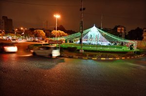 The Karachi Press Club Chowk beautifully illuminated in celebration of Marka-e-Haq and Independence Day.
