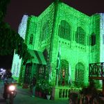 The Karachi Press Club building illuminated with colourful lights to mark Independence Day.