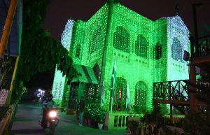 The Karachi Press Club building illuminated with colourful lights to mark Independence Day.