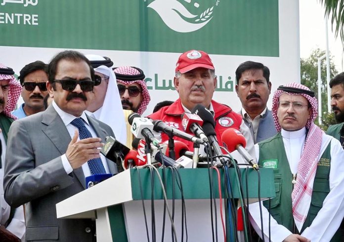Adviser to Prime Minister on IPC, Rana Sana Ullah Khan, addressing the media during the handing-over ceremony of flood relief aid to PDMA from King Salman Humanitarian Aid and Relief Centre at the Sports Complex, Islamabad