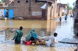 Rain-affected residents of Fatima Jinnah Colony use a makeshift boat made of wood and air-filled bags to pass through flooded streets after torrential rain in the city last night.