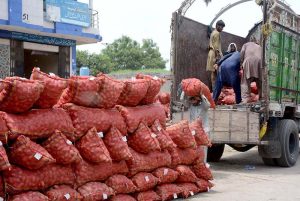 Labourers unloading potato from the delivery truck at Vegetable Market.