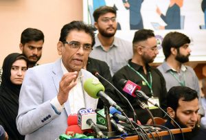 Federal Minister for Education and Professional Training, Dr. Khalid Maqbool Siddiqui addressing to media during a one-day conference on Disability Reforms organized by the University of Karachi at the Chinese Teachers Memorial Auditorium.