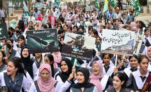 Students participate in a Kashmir Solidarity Rally to mark Youm-e-Istehsal Kashmir, organized by the District Government, condemning India’s illegal and unilateral actions of 5 August 2019 at Thandi Sarak.