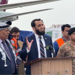Federal Minister for Information and Broadcasting, Attaullah Tarar, addressing during the send-off ceremony as Chief Guest at Islamabad International Airport, joined by senior officials from the Government of Pakistan, NDMA, and the Embassy of Palestine