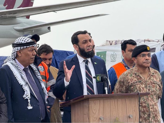 Federal Minister for Information and Broadcasting, Attaullah Tarar, addressing during the send-off ceremony as Chief Guest at Islamabad International Airport, joined by senior officials from the Government of Pakistan, NDMA, and the Embassy of Palestine