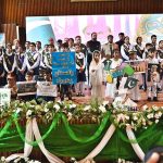 Federal Minister for Overseas Pakistanis and Human Resource Development, Chaudhry Salik Hussain, in a group photo with students, participants, and organizers of the Marka-e-Haq and 78th Independence Day celebrations organized by the Workers Welfare Fund at the National Library Auditorium