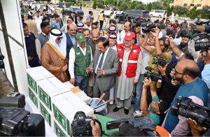Adviser to Prime Minister on IPC, Rana Sana Ullah Khan, as chief guest receiving flood relief assistance for PDMA from King Salman Humanitarian Aid and Relief Centre for Khyber Pakhtunkhwa’s flood-affected people during a handing-over ceremony at the Sports Complex, Islamabad