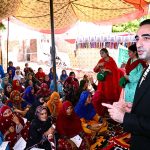 Chairman Pakistan People’s Party Bilawal Bhutto Zardari addressing to flood affectees women during Land titles distribution ceremony under construction of Sindh People’s Housing at Khair Muhammad Brohi Village near Ratodero