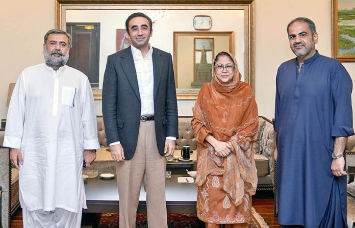 Members of Sindh Assembly Sardar Khan Chandio and Burhan Khan Chandio meeting with Chairman Pakistan People’s Party Bilawal Bhutto Zardari and Central President PPP Women's Wing MPA Faryal Talpur at Bhutto House and informed them about the public problems in their constituencies Wara and Qambar