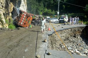 The main highway from Alpuri to Bisham has been completely washed away by floodwaters at Sahibabad.