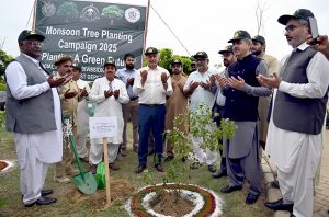 Federal Minister for Climate Change and Environmental Coordination, Dr. Musadik Malik, offering prayers after planting saplings to launch the monsoon plantation drive at Bagh-e-Ibn-e-Qasim, Clifton.