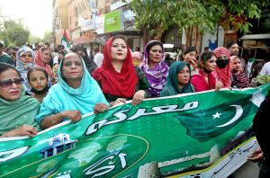 A large number of MQM Pakistan women workers participates in the Jashan-e-Markaz-e-Haq Youm-e-Azadi celebration rally in connection with the upcoming 78th Independence Day of Pakistan at Court Road.