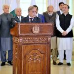 Prime Minister Muhammad Shehbaz Sharif addresses a joint press stakeout