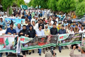 Students participate in a Kashmir Solidarity Rally to mark Youm-e-Istehsal Kashmir, organized by the District Government, condemning India’s illegal and unilateral actions of 5 August 2019 at Thandi Sarak.