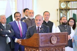Prime Minister Muhammad Shehbaz Sharif addresses a joint press stakeout