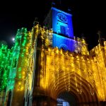An illuminated view of Old campus building decorated with colorful lights during jashan-e-Mark-e-haq & Youm-e-Azadi celebration in connection with 78th independence day celebration.