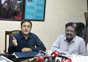 Chairman Board of Intermediate & Secondary Education, Shuja Mehsar, talking to media persons while announcing the annual result of SSC Part-II (Class X) Science Group 2025 at the board office in Latifabad.